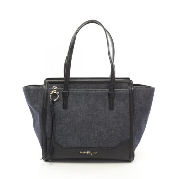 Salvatore Ferragamo Denim Leather Blue Bag Black Navy Tote Amy - Picture 1 of 6